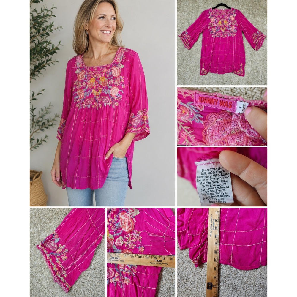 Johnny Was Tunic Top Pink Floral Embroidered Grid Cupra Rayon Boho Small